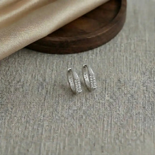 Silver Octagon Front Pavé Hoop Earrings worn on ears – Shop Online at Keyona Jewellery