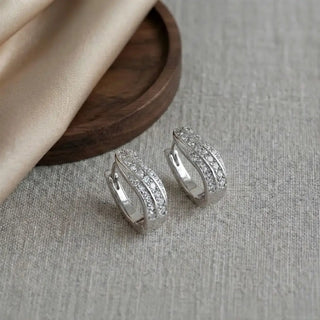 Silver Wavy Double‑Row Pave Hoops