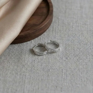 925 Sterling Silver Etched Band Huggie Hoop Earrings Close-up – Keyona Jewellery