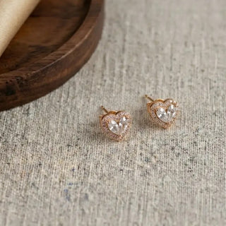 925 Sterling Silver Rose Gold Heart Solitaire Stud Earrings Close-up – Keyona Jewellery