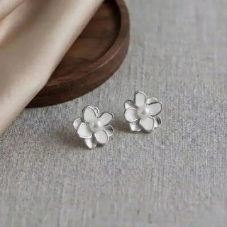 Silver Pearl Flower Stud Earrings