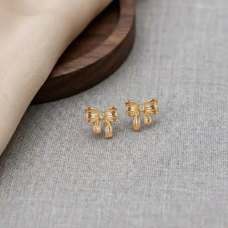 Gold Ribbon Bow Stud Earrings