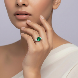 Buy emerald glow three stone ring online in 925 sterling silver – elegant trio ring for women by Keyona Jewellery