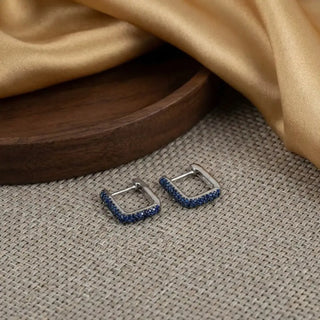 925 Sterling Silver Blue Pavé Rectangle Hoop Earrings Close-up – Keyona Jewellery